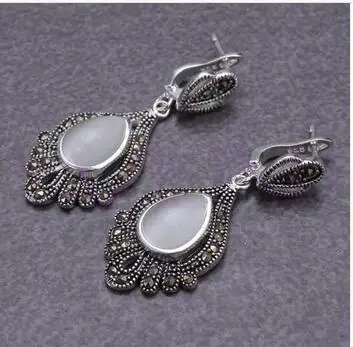 VINTAGE NATURAL WHITE OPAL GEM STONE 925 bead Marcasite dangle artificial Earring jewelry women Wonderfulgirl Wedding | Украшения и