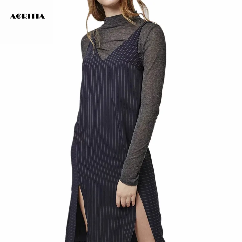 

2016 Women Spring Autumn Spaghetti Strap Dresses Striped Split Dress Vestido Curto Kylie Jenner
