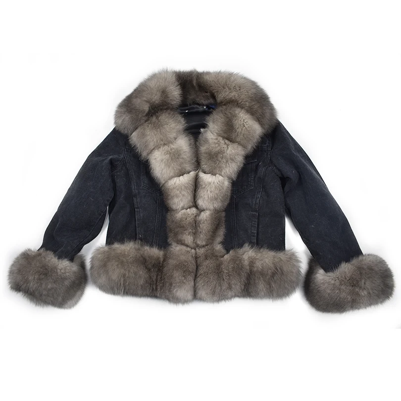 2018 spring real fox rabbit fur denim parka coat jacket jean high spring women natural fur coat thick lining warm fur parkas Coats
