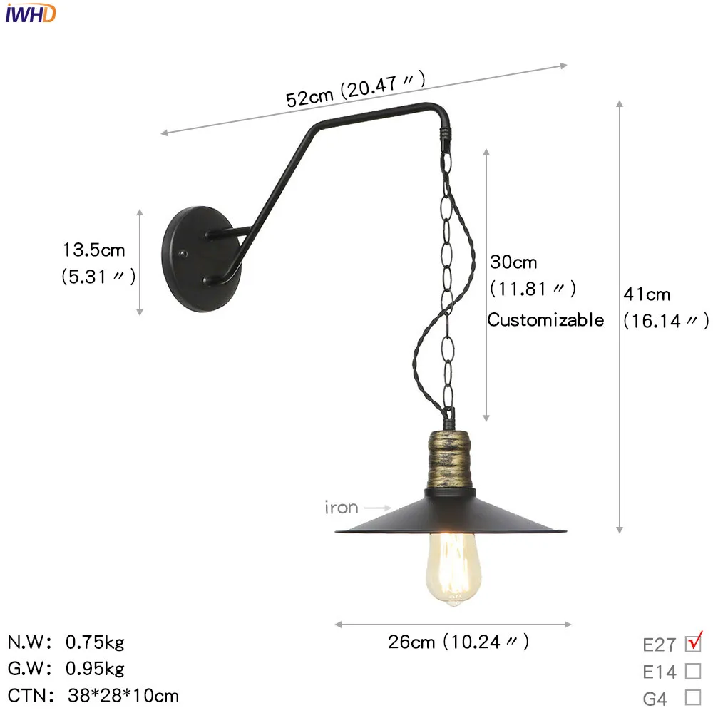 Ретро iwhd промышленный Лофт настенный светильник креативный Железный цепь светодиодный винтажный настенный светильник Wandlamp огни RH Fxitures