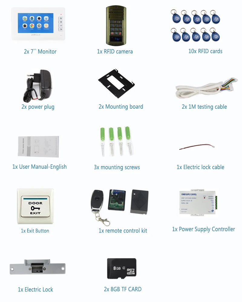 JERUAN видео-телефон двери голос/видео Запись домофон Системы комплект с 7 ''мониторы + Водонепроницаемый пароль доступа мини камера 1V2