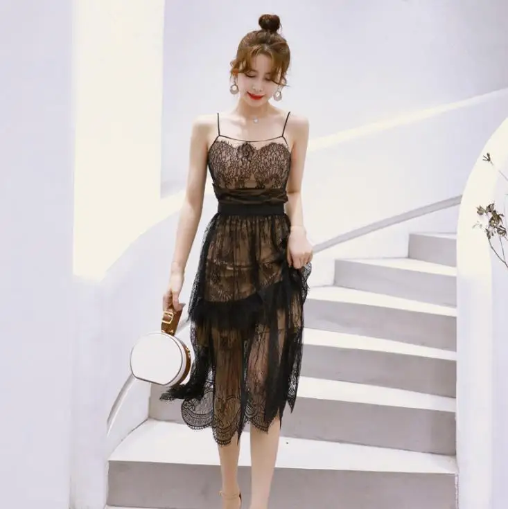 

Black Sexy Strapless Midi Dress Spaghetti Strap Lace Swing Dress Women Summer Dresses Sundress