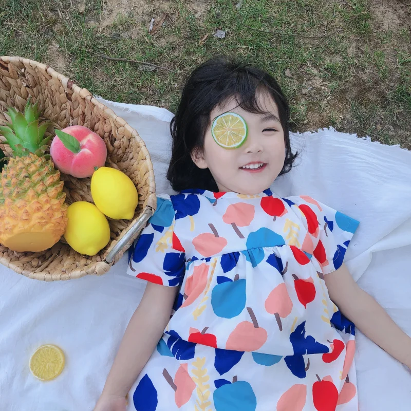 

Childern Baby Summer Clothing Kids Girl Short Sleeve Dress Baby Pears Cartoon Dress Round Neck Toddler Girl Dress Infant Baby