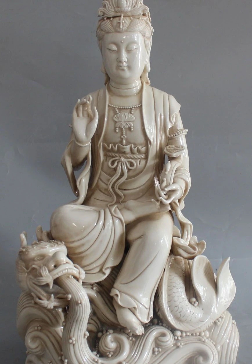 

22"Chinese DeHua Porcelain Dragon Kwan-yin Guan Yin Bodhisattva Ruyi Vase Statue