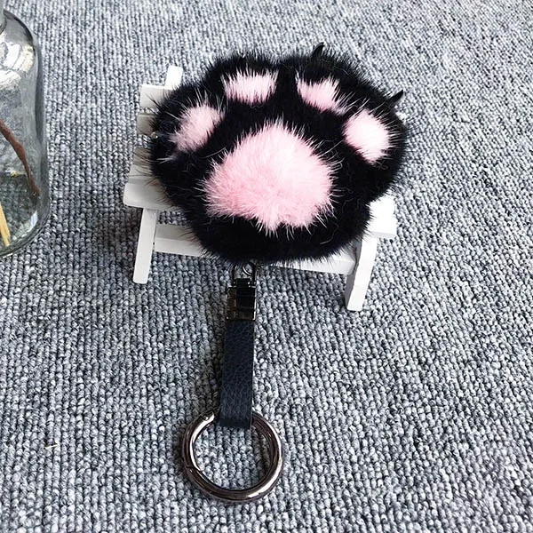 13 цветов, милый брелок с помпоном в виде кошачьей лапы, натуральный мех норки, автомобильный брелок для ключей, Женская сумочка, пушистый помпон, подвеска, аксессуары - Цвет: Black with Pink