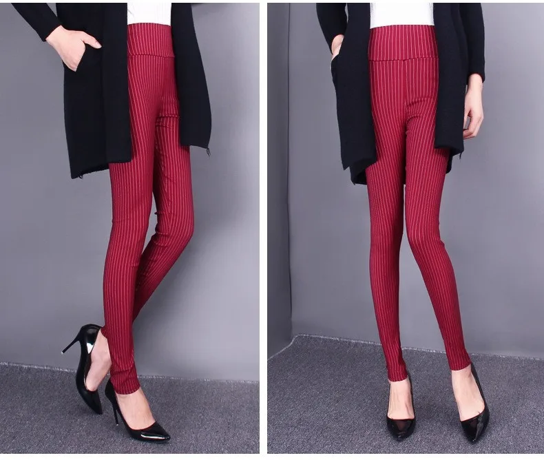 Женские брюки-карандаш большого размера L с высокой талией, хлопковые, смешанные, облегающие, в полоску, весна-осень, новые обтягивающие леггинсы цвета хаки, красный, черный