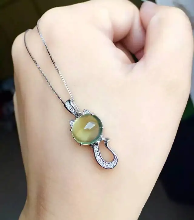 

natural prehnite stone pendant 925 Sterling silver Natural gemstone Pendant Necklace trendy lovely Cute fox women girl jewelry