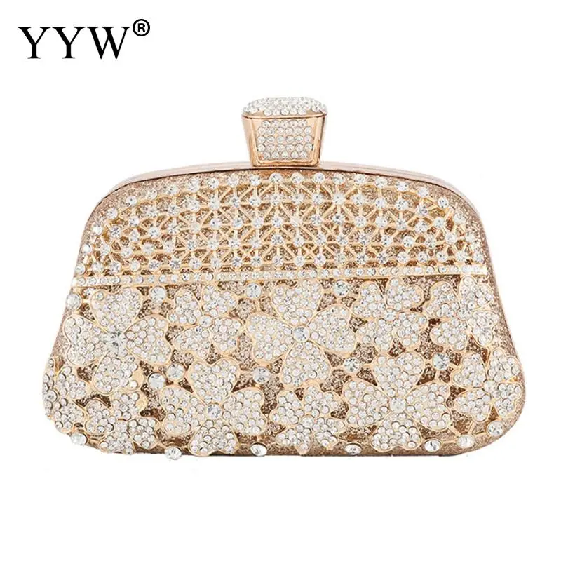 

New Rhinestone Flower Shape Evening Party Clutch Bag With Metal Handle Handbags Female Fashion Wedding Clutches Purse Gold Bags