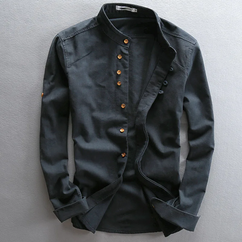 Schinteon мужское хлопковое белье рубашка с длинными рукавами Повседневная тонкая Удобная традиционная китайская рубашка с воротником-стойкой M-7XL - Цвет: Dark Blue
