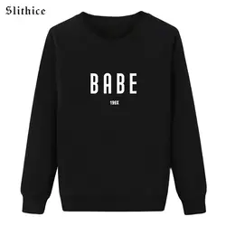 Slithice Для женщин Осень Толстовка Черный с длинным рукавом Babe 199x Письмо печати Повседневное свободные BTS Женский пуловер с капюшоном