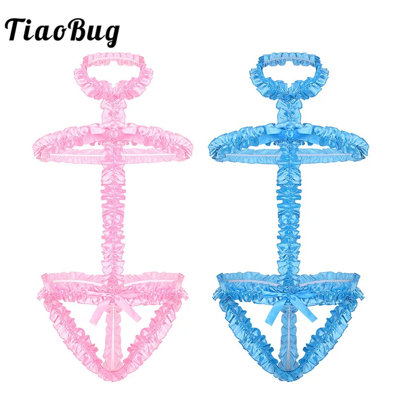 

TiaoBug Men Crossdressing Bodysuit Adult Halter Open Back Ruffle Frilly Sissy Lingerie Harness Sexy Male Gay Underwear Bondage