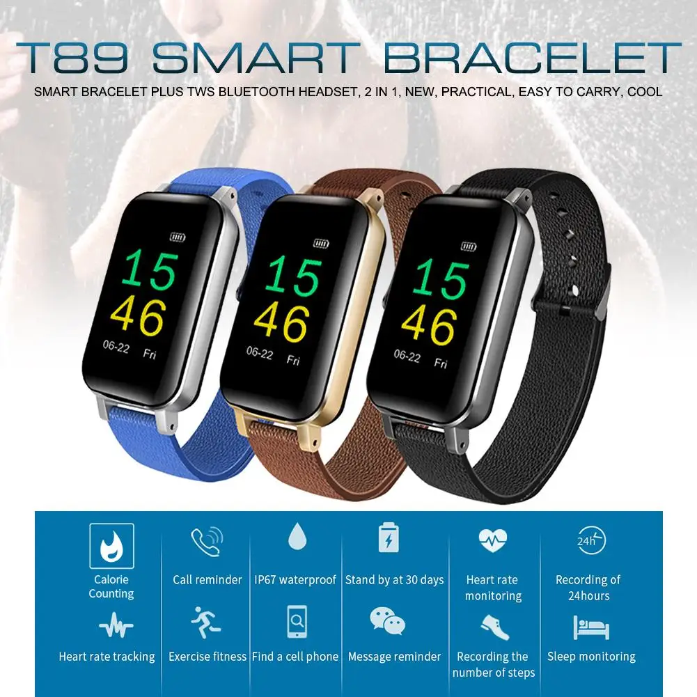 2-in-1 Smart Bracelet Fitness Tracker TWS Bluetooth5.0 Earphone IP67 Waterproof Sports Wristband Headphones with bracelet
