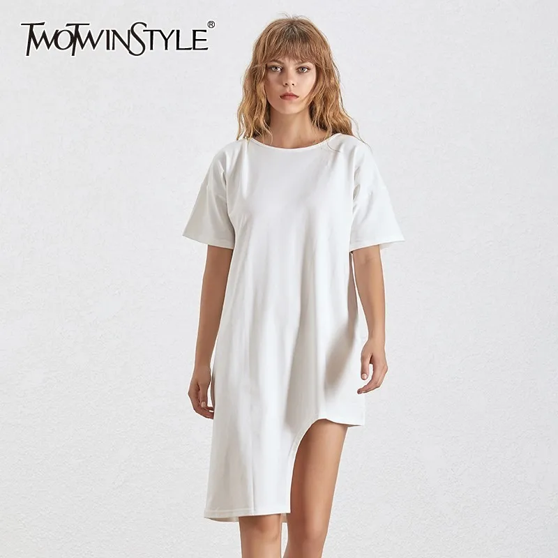 

TWOTWINSTYLE Casual Solid Hollow Out Women T Shirt O Neck Short Sleeve Oversized Asymmetrical Tops Clothes Female Summer 2019