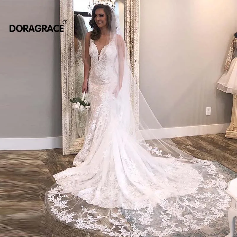 

Doragrace vestido de noiva Vintage Illusion Back Lace Wedding Gowns Mermaid Wedding Dresses
