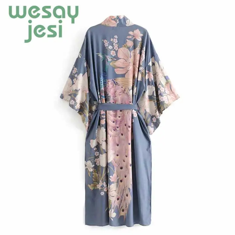 2019 Kimono sashes long jacket bohemian vintage Peacock and cute floral printing Cardigan plus size long jacket women