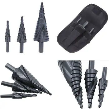 

3PCS HSS Steel Spiral Step Cone Drill Triangle Bit Set Hole Cutter Metric 4-12/20/32mm Titanium Coated Metal Hex Bit керн сверла
