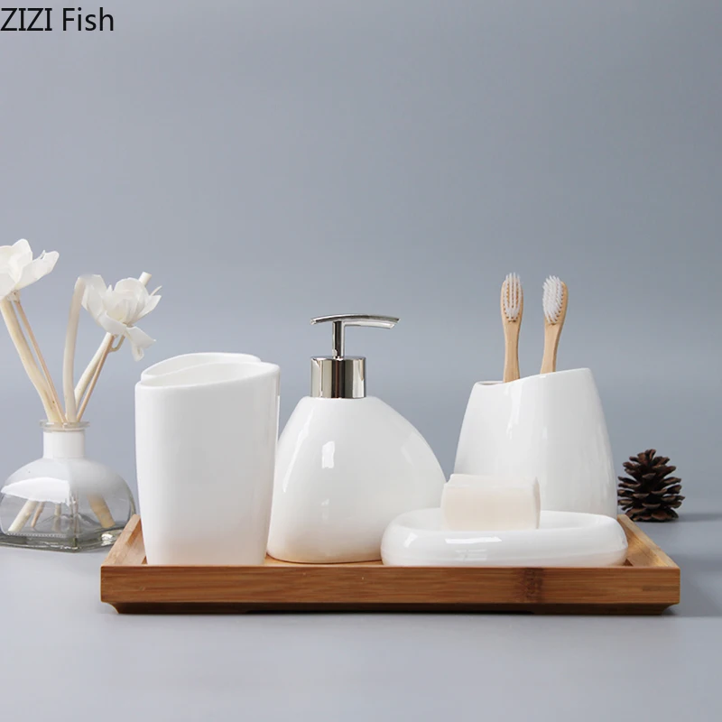 

White Ceramic Bathroom Supplies Lotion Bottle Cotton Swab Box Toothbrush Holder 4 Piece Set Home Bathroom Kit