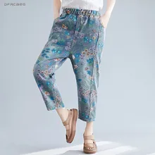Брюки-Капри с эластичной резинкой на талии и цветочным принтом; джинсовые брюки; сезон осень года; винтажные свободные Джинсы бойфренда для женщин