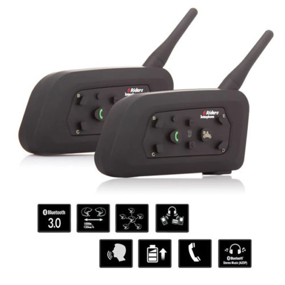 2PCS V6 1200m Motorcycle Helmet Bluetooth Intercom Headset Moto Intercomunicador 6 Riders BT Interphone