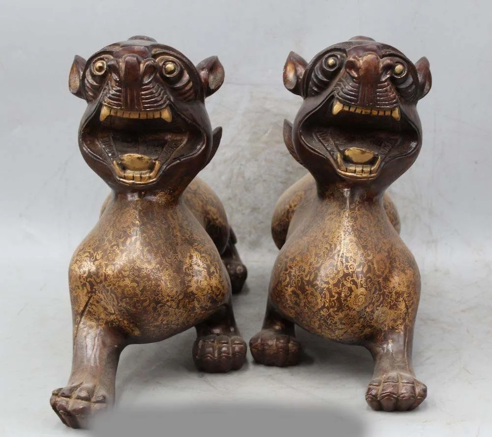 

13" Chinese Bronze Wealth Foo Dogs Pi Xiu Exorcise Evil Spirits Unicorn Beast St