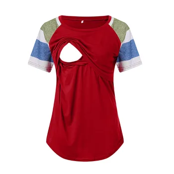 

Maternity Womens Nursing Stripe Short Sleeve Round Neck Breastfeeding Blouse(Red)