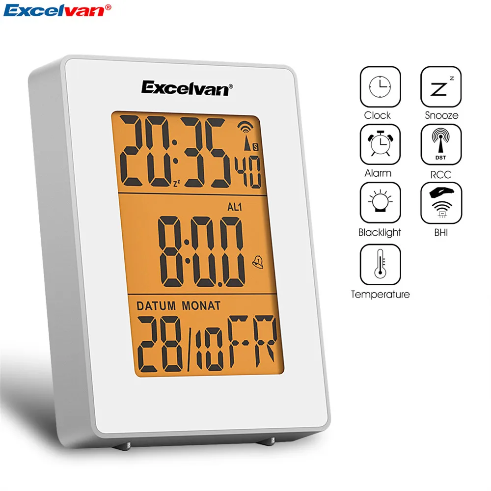 Excelvan Digital Precision Radio Controlled Alarm LCD Display in Orange Backlight Wall Moutable Desk Stand Clock Thermometer15