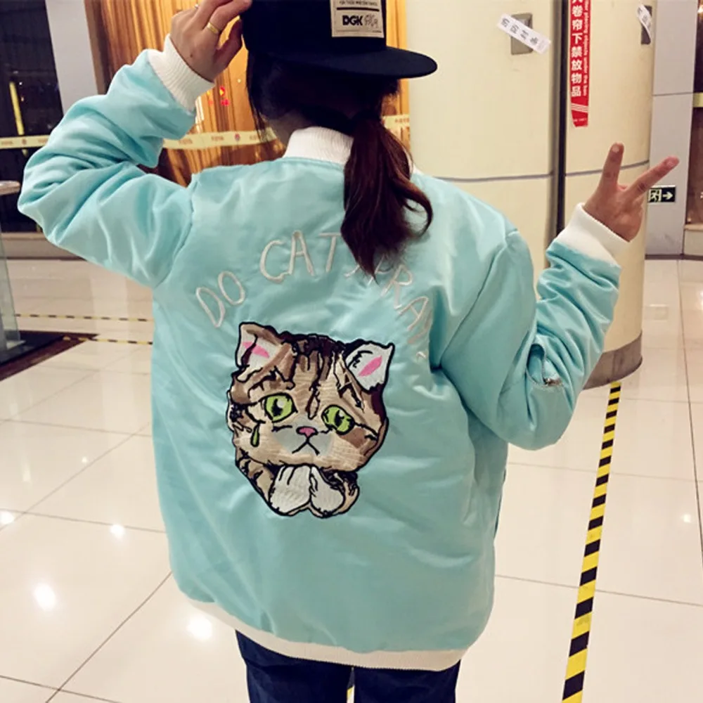 Cute Baseball Outfits Promotion-Shop For Promotional Cute Baseball Embroidery Kawaii Cute Paw Animal Character Cat Pattern Lolita Korean Baseball Satin Bomber Jacket Down Jackets Outfit Coats - Cute Baseball Outfits Promotion-Shop For Promotional Cute Baseball