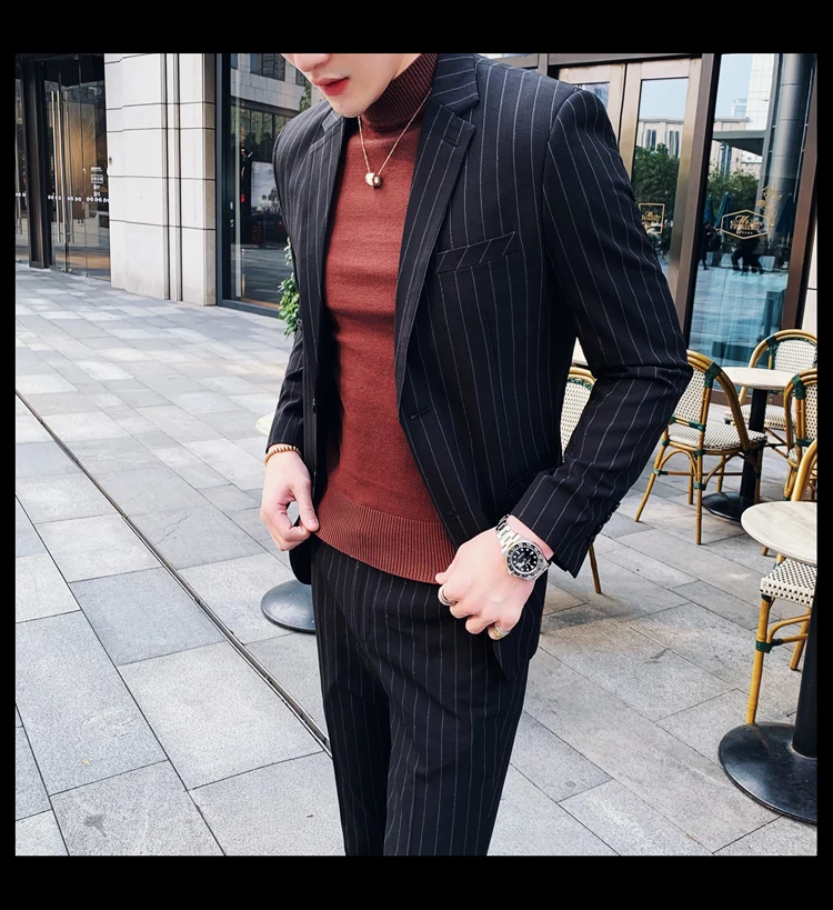 Heren Pakken Sociale Jurk Broek broiloft Mannen серый смокинг черные костюмы мужские Gestreepte Terno Masculino приталенный Блейзер/broek