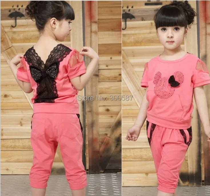 

NEW Summer Girls children's Sport suits lace bow children short sleeve shirt+ pant clothing set kids casual clothing