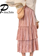 New Spring Korean long section high waist gold velvet pleated skirt women fashion solid color multi-layer cake skirt