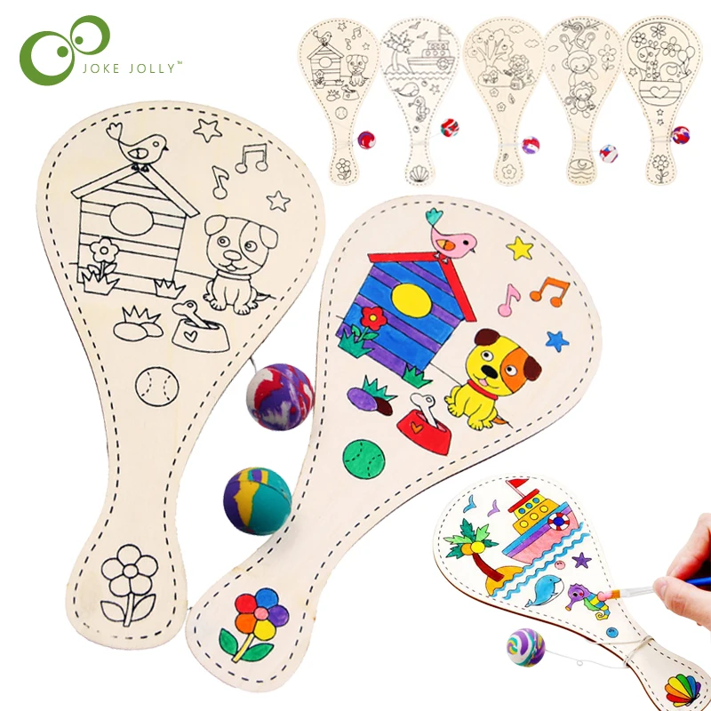 

1Pcs Creative DIY Manual Painting Pat Ball Educational Handmade Painting DIY Wooden Toy Racket Graffiti Toys For Children GYH