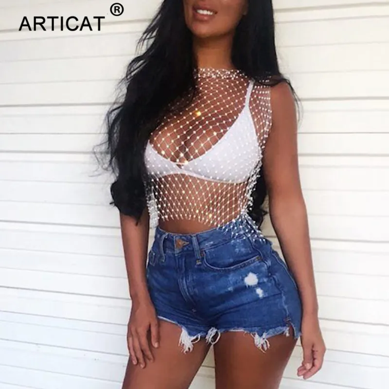 

Articat Gilding Transparent Fishnet Crop Top Women Shirt Sleeveless Summer Women Tops Sexy Hollow Out Beach Party Club Tank Top