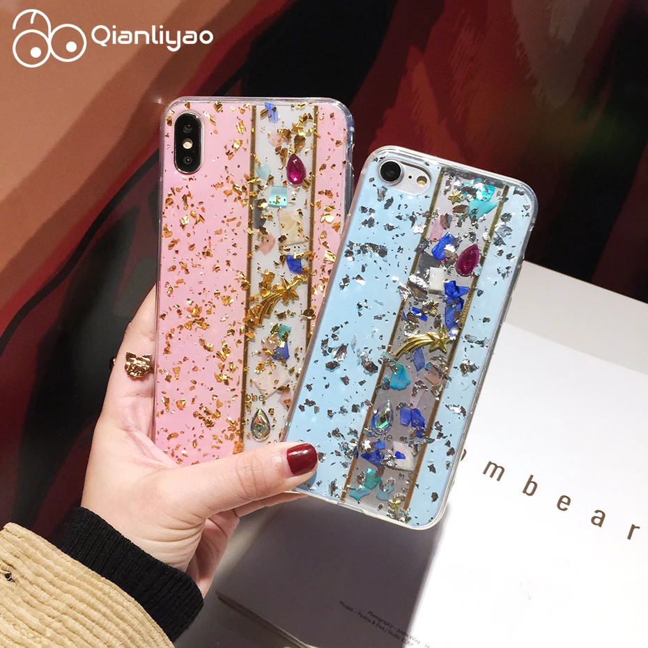 

Qianliyao Luxury 3D Drill Meteor Phone Case For Iphone XS MAX XR X 8 7 6s 6 Plus Case Gold Foil Pattern Soft Silicone Back Cover