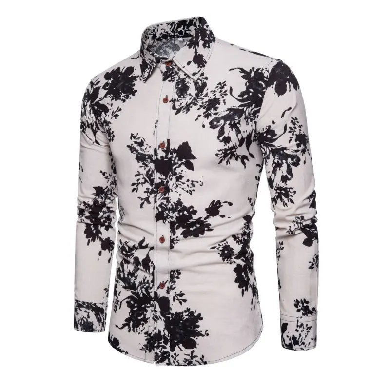 Модная повседневная мужская рубашка на весну и осень, приталенная льняная рубашка с цветочным принтом, рубашки с длинными рукавами, мужские рубашки с цветочным принтом, M-5XL