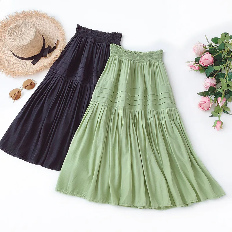 

Wasteheart Summer Green Khaki Women Skirt High Waist Mid-Calf Long Skirt Clothing Mesh A-Line Sexy Skirts Plus Size Pleated