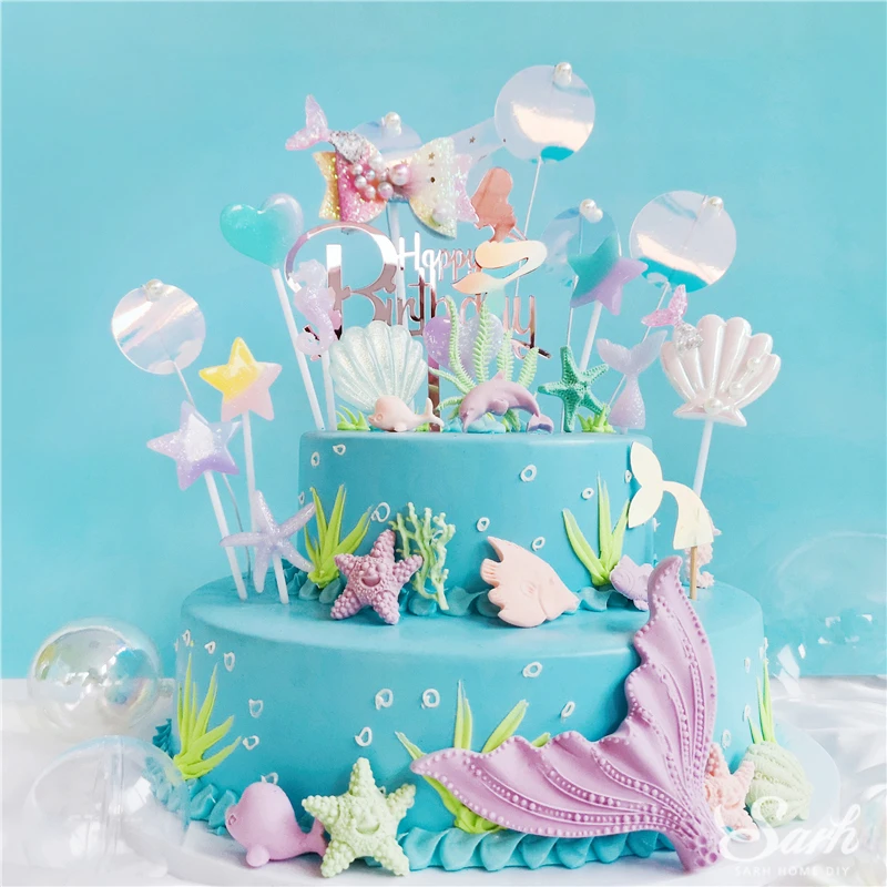 

Bling Shiny Shell Fishtail Cake Toppers Happy Birthday Mermaid Starfish for Wedding Party Supplies Boy Girl Kid Baking Cute Gift
