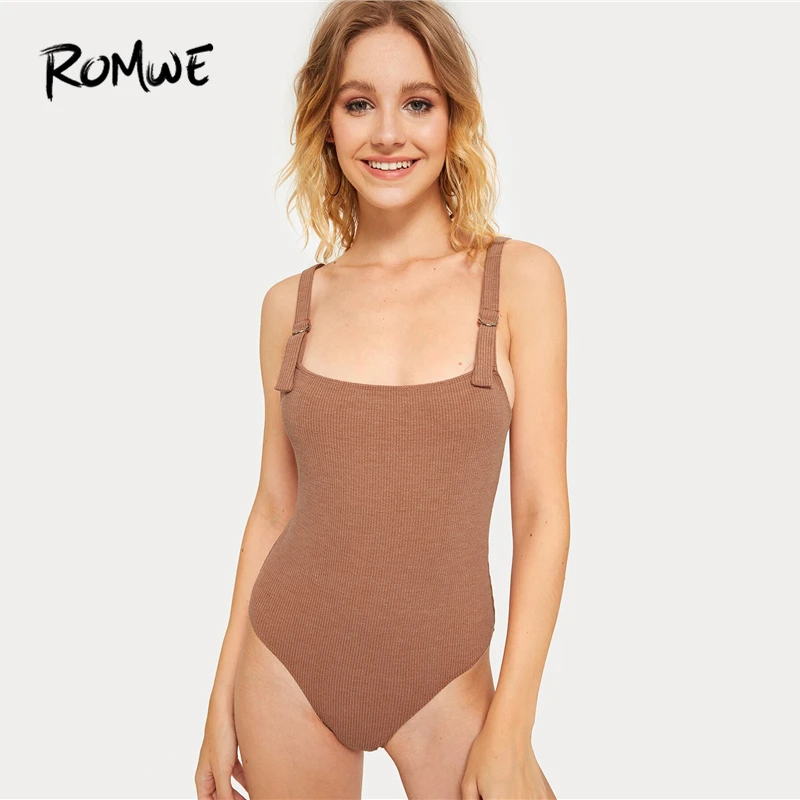 

ROMWE Solid Adjustable Strap Form Fitted Bodysuit Women Summer 2019 Sleeveless Rib-Knit Plain Skinny Preppy Bodysuits