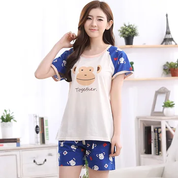 

Hot Selling Summer Cute Pajamas Sets Cartoon Monkey printed Cotton Women Pajamas Short Sleeve Loungewear Pyjama femme Clothing