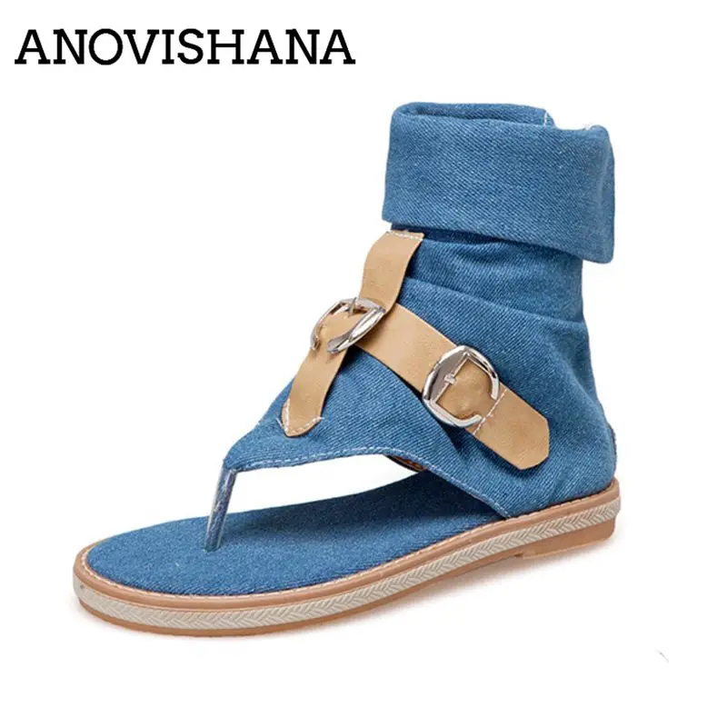 

ANOVISHANA roman Denim shoes woman t strap Gladiator flat sandals gladiator boots Clip toe jeans Boots sandales wedge size 43