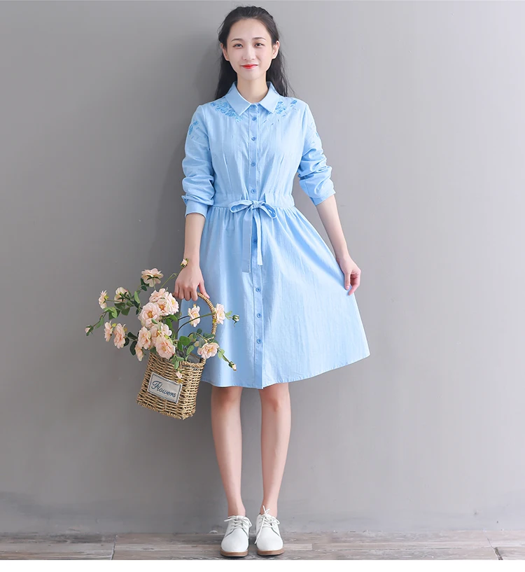 

Mori Girl Spring Women Cute Dress Pink Blue Floral Embroidery Elegant Dress Cotton Linen Vintage Kawaii Korea Shirt Dress PV283