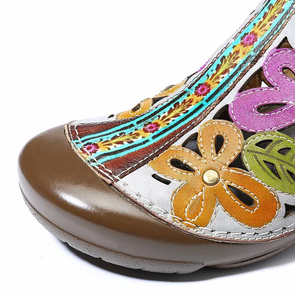 SOCOFY/женские босоножки из натуральной кожи, украшенные вручную полыми цветами, с регулируемой застежкой-липучкой; элегантная Летняя обувь; Новинка