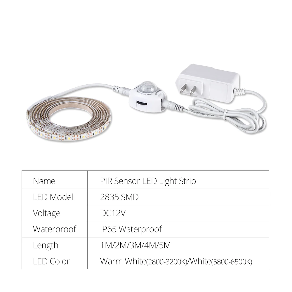 5m PIR Motion Sensor LED Strip Light  DC 12V IP65 Waterproof 1m 2m 3m 4m 5m LED Under Cabinet  Closet Lamp With Power Adapter