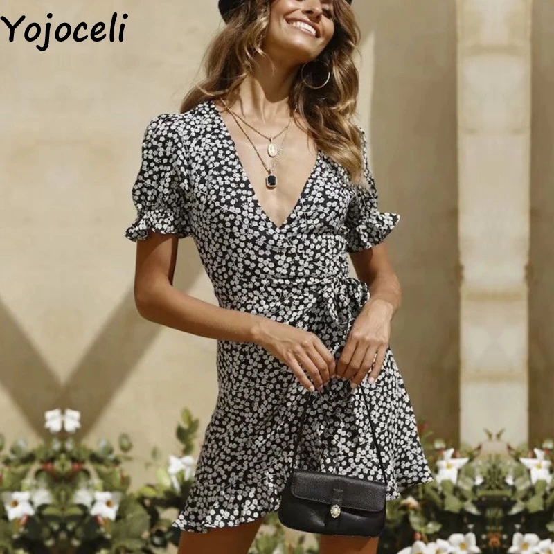 

Yojoceli Floral print sexy women summer dress Wrap bow short ruffle party dress vestidos Elegant slim boho beach dress