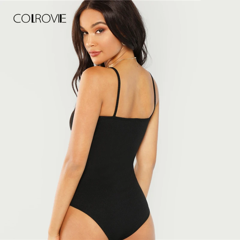 COLROVIE Black Knit Cami Sexy Bodysuit 2018 New Summer Spaghetti Strap Plain Clothing Burgundy Holiday Skinny Women Bodysuit COLROVIE Black Knit Cami Sexy Bodysuit 2018 New Summer Spaghetti Strap Plain Clothing Burgundy Holiday Skinny Women Bodysuit