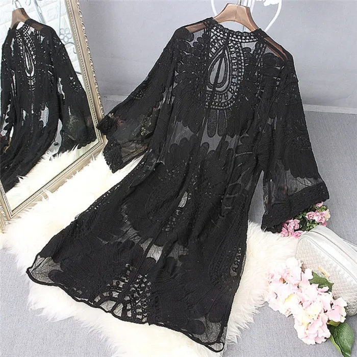 beach maxi dress with sleeves 2022 Women Beach Cover Up Floral Embroidery Swimwear Women Robe Cardigan BathingSuit sheer bathing suit cover up Cover-Ups