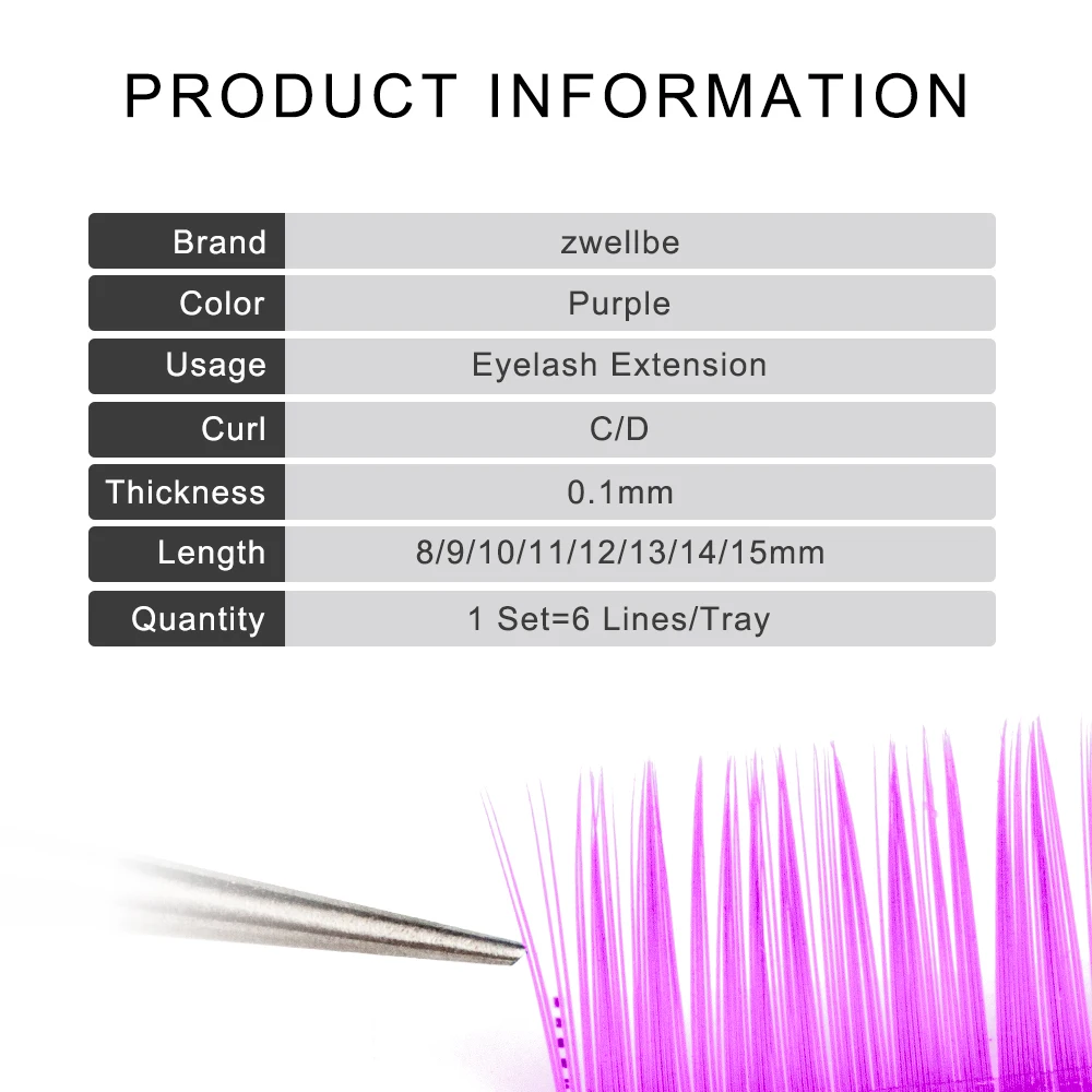 Zwellbe, натуральный фиолетовый цвет, для наращивания ресниц, мягкий, 6 рядов/набор, цветные, индивидуальные, 0,1 мм, искусственные норковые ресницы, инструмент для макияжа, cilios