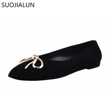 SUOJIALUN Shoes Women Suede Ballet Flat Shoes Square Toe Bowtie Slip On Flat Comfortable Autumn Ballerina Flats Plus Size