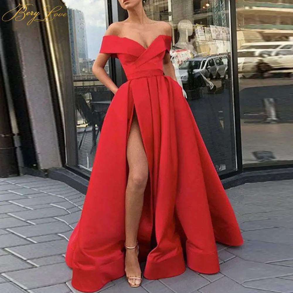 BeryLove/Длинное Элегантное вечернее платье цвета шампанского,, с открытыми плечами, с высоким разрезом, атласное торжественное платье для вечеринки, с перекрещивающимся вырезом, платье для выпускного вечера - Цвет: Красный