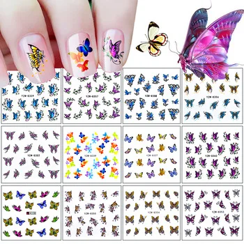 WUF 12 Designs Nail Sticker Butterfly Patterns Decals Water Transfer Image Tattoos Nail Art Decorations Sticker Tips Set