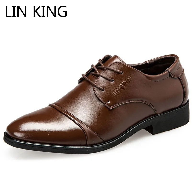 LIN KING Big Size Fashion Pu Leather Men Wedding Party Shoes Casual Oxfords Shoes Lace Up Formal Shoes Pointed Toe Dress Shoes